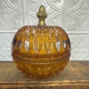 Beautiful Amber Glass Candy Dish 5" Tall Acorn Style Brass Knob
